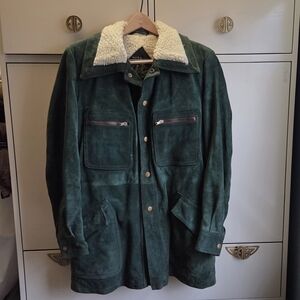 Green Vintage Leather Men's Jacket with Shearling Lining, Size Small